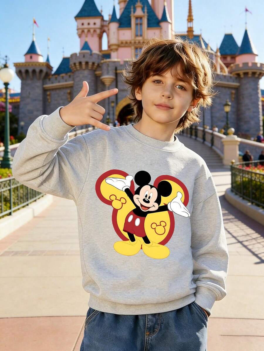 1pc Disney Mickey Mouse Upbeat Character Graphic With Contrast Color Accents Print Tween Boys Vibrant Everyday Sweatshirt, Comfortable & Easy To Wear For Playdates & Family Outings - 灰色 - 查看 1