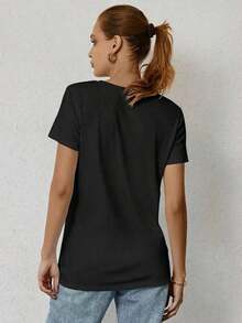 Plus Size Casual Crew Neck T-Shirt, Polyester Knit Fabric With Slight Stretch, Summer Tee With Highland Cow Love Graphic, With Pink Floral Pattern - Black - View 3