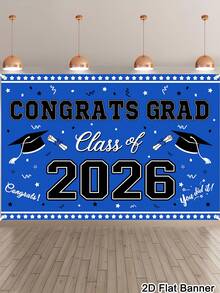 1pc Graduation Banner Background, Class Of 2026 Congrats Grad Pattern Backdrop, Blue White Background Cloth, Indoor Outdoor Wall Decor, Graduation Decorations 2026 High School College Party Supplies, Room Home Decor - Blue and White - View 2