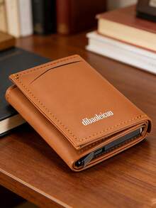 1pc Convenient & Fashionable Men's Short PU Leather Wallet With Automatic Pop-Up Aluminum Alloy Card Holder, Anti-Theft & Anti-Magnetic, Best Gift For Men - Multicolor - View 13