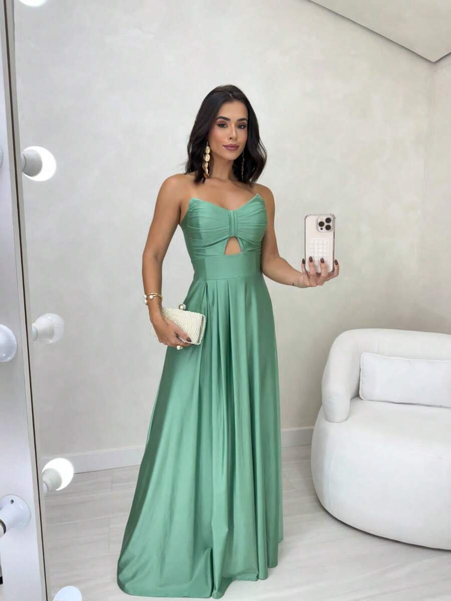 Women's Long Butterfly Dress, Strapless, Trilobal Fabric With Built-In Bra Cups | Party, Bridesmaid, Wedding, Graduation, Debutante | Adjustable Back, Sexy And Elegant, Party, Cutout/Cut, Asymmetrical Knot, Formal And Evening - 橄欖綠 - 查看 1