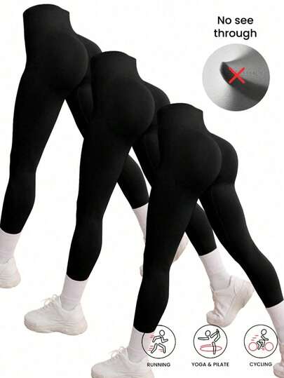 3pcs Black Seamless Stretchy Sports Leggings, Lightweight And Elastic To Enhance Butt And Abdomen Lines, Suitable For Yoga, Outdoor Cycling, Hiking, And Daily Wear