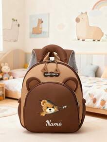 1pc Mini Casual Multipurpose Black & Brown Backpack With Cute Cartoon Bear Print And Nylon Zipper Closure. This Latin Dance And Fitness Backpack Is Customizable. Custom Packaging Can Add Personal Name Or Holiday Greetings. Customizable With Name, Letter, Lucky Number, Etc. Suitable For Travel, Outings, Dancing, Workout, Birthday Gift, Souvenir Bag, Back To School, Christmas And New Year. - Brown - View 12