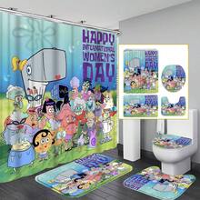 一套海绵宝宝卡通图案浴帘套装，包含12个挂钩、180*180厘米防水浴帘、防滑垫、U型马桶盖套，适用于房间、卧室、家居、浴室装饰及节日礼物。 - A - 查看 14