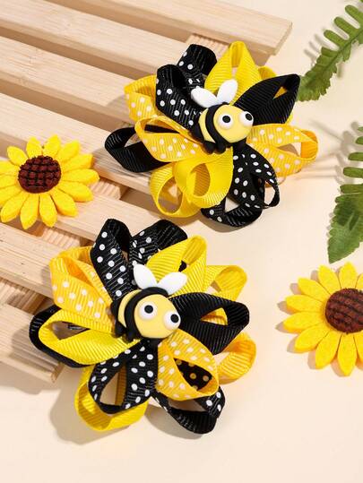 2个黄色卡通蜜蜂发夹，布艺蜜蜂装饰蝴蝶结发卡，可爱发饰，适合女孩派对礼物