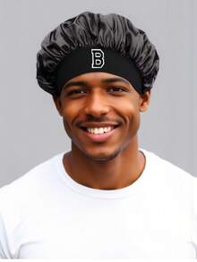 1 pièce Bonnet de nuit en satin unisexe, lettres personnalisables de A à Z, doux et confortable, bande élastique large, soin des cheveux, convient pour le maquillage quotidien, le lavage du visage et le bain, adapté à l'utilisation domestique pour hommes et femmes - Noir - Voir 3