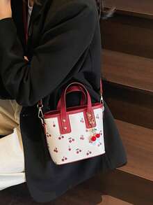 新款樱桃手提包，时尚女士单肩包，大容量可爱通勤手提水桶包，百搭 - 紅色 - 查看 3
