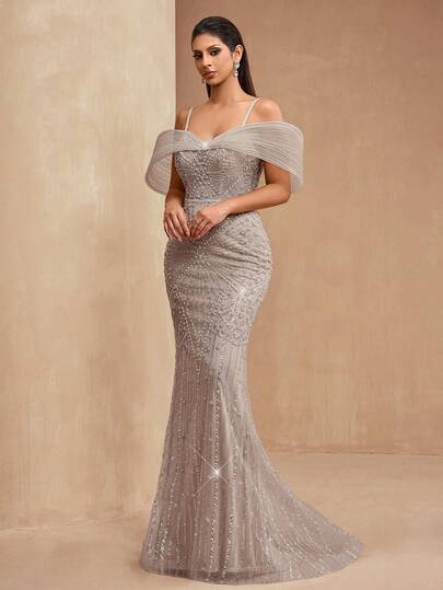 AMILUCK New Arrival Women's High-End Elegant Luxury Sequin Sequins Lace Spaghetti Strap Mermaid Formal Gown, Suitable For Evening Party, Banquet, Wedding Spring