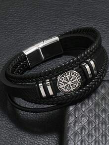 编织皮手链套装 - 经文指南针和恶魔之眼吊坠，时尚百搭多层青少年饰品 - 均碼 - 查看 3