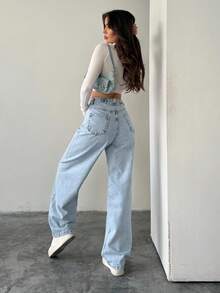 Women's Waist Buckle Design Pockets Loose Wide Leg Casual Denim Jeans - Light Wash - View 4