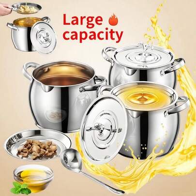 1pc Stainless Steel Oil & Broth Container (1.5L/52.8oz & 3.5L/70.4oz) - With Detachable Fine-Mesh Strainer, Lid & Spoon | Heavy-Duty Double Handle For Lard Rendering, Soup Filtering & Food Storage, Ideal For Home Kitchen