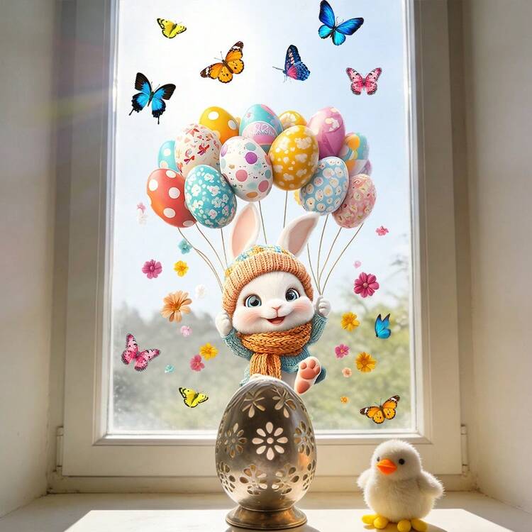 1/4片装可移除静电吸附复活节窗贴，图案包括兔子、复活节彩蛋、气球和蝴蝶，适用于客厅、卧室窗户和家居装饰。 - 多色 - 查看 5