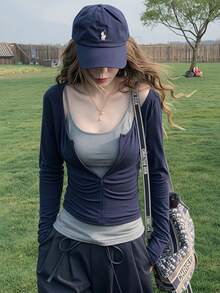 两件套：海军蓝半拉链长袖上衣和修身吊带背心，春季 - 藏蓝色 - 查看 3