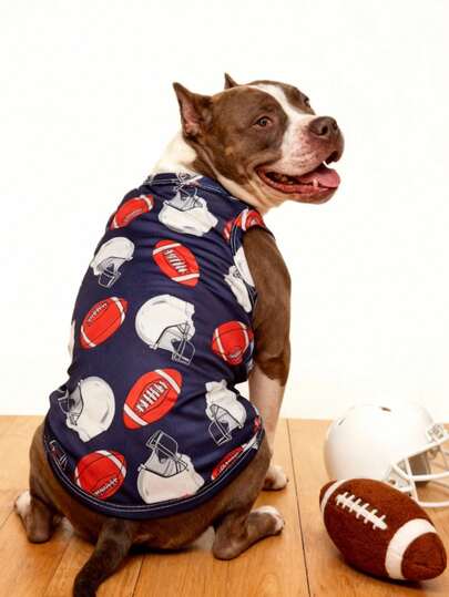 LUCKIE LABO 1件 GAME DAY 运动橄榄绿球印花背心，适合吉娃娃等小型犬，防跳蚤，时尚休闲无袖，室内/室外皆宜