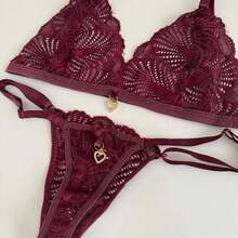 Sexy Backless Thong Set With Pendant Detail - 酒紅色 - 查看 7