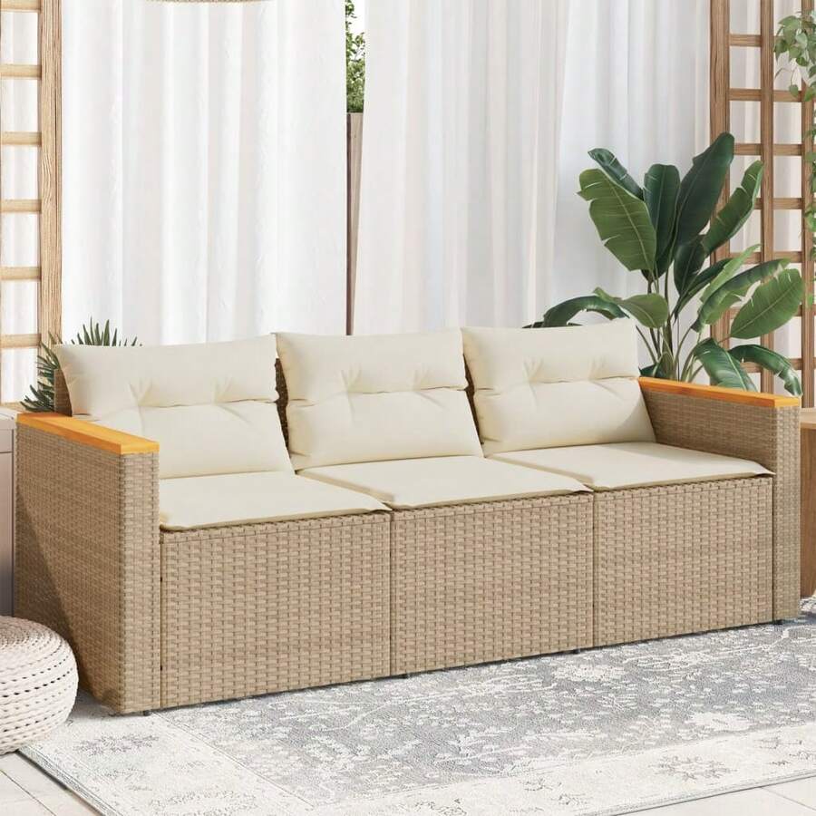 vidaXL 3-Sitzer Garten-Sofa Mit Kissen, Beige Polyratten - Beige - View 1