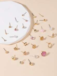 30 Pairs Women Metal Tree, Shell, Pearl, Heart Shaped Earrings Set, Gift - Multicolor - View 2