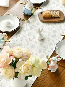 1pc Easter Bunny Pattern Table Runner, Easter Style Table Decor, Linen Material, Available In Multiple Sizes, Suitable For Home Dining, Kitchen Decor, Home Decor, Outdoor Party And Restaurant Decoration, Textured Linen Appearance - White - View 6