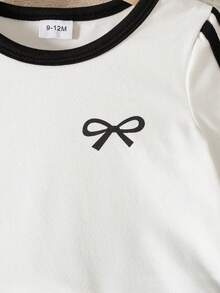 夏季女婴可爱休闲蝴蝶结印花白色圆领短袖上衣和黑色休闲长裤蝴蝶结套装 - 黑與白 - 查看 5