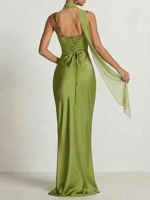 Vestido de satén elegante y glamuroso con tirantes de cinta de unicolor, vestido largo encantador para fiestas/citas/vacaciones para mujeres - Verde - Ver 4