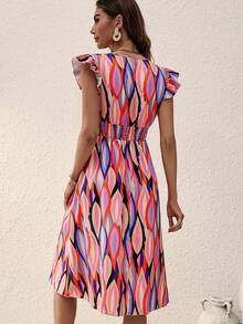 SUNSTORY 女士优雅性感度假风几何图案荷叶边袖V领系腰A字连衣裙，适合休闲、音乐节、婚礼、派对、度假、办公室、居家、日常穿着 - 彩色 - 查看 2