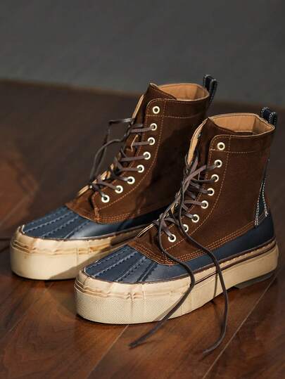 2026 New Men's High-Top Leather Cowboy Boots, Round Toe Lace-Up Vintage Distressed Thick Sole Comfortable Boots, Suitable For All Seasons, Outdoor, Riding, Desert Travel