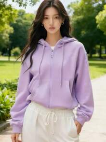 Women's Hoodie With Zipper Closure, Zipper Pocket, Women's Hoodie With Zipper Closure, Daily Wear - 紫丁香色 - 查看 1