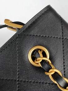 Jet Black Quilted Leather Tote Bag With Gold Chain Strap, Large Capacity Designer-Inspired Work Bag For Women, Versatile Shoulder & Crossbody Bag, Spacious Laptop Handbag - 黑色 - 查看 6