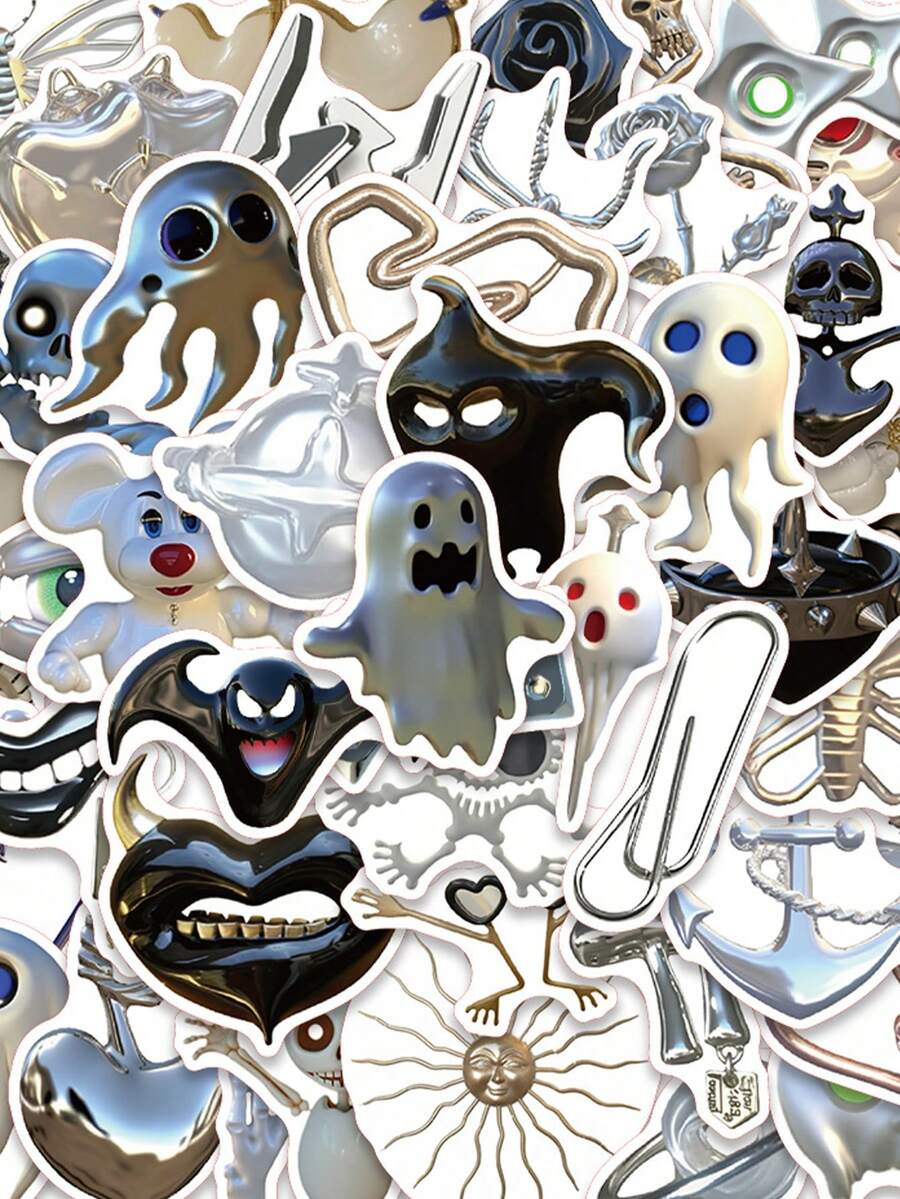 50pcs Cartoon Retro Silver Ghost Sticker Cool Creative Decal For Phone Case Laptop Bicycle Helmet Skateboard Magazine DIY Decal Sticker Holiday Party Gift HD Printing (Not Easy To Fall Off) - 1 Set - View 1