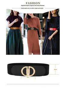 Women's Vintage Wide Elastic Waist Belt, Thick Elastic Leather Belt With Buckle Design, Suitable For Dresses And Coats, Campus Autumn Style - Black - View 5