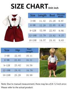 Infant Boy Gentleman Style 2Pcs Summer Set. Short Sleeve Collared Shirt & Suspender Shorts With Pocket. Suitable For Formal Occasions, Everyday Wear, And Holiday Parties. - 酒紅色 - 查看 7