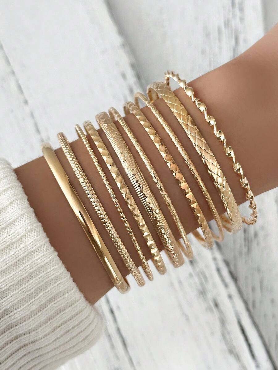 Set de 10 piezas de pulseras con patrón ondulado de estilo bohemio, superficie lisa y texturizada, pulseras apilables de múltiples elementos para mujeres (adecuado para regalos, fiestas, noches y uso diario) - Dorado - Ver 1