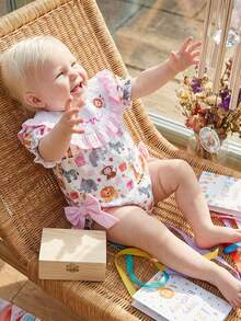 Infant Baby Girl Birthday Romper Letter Embroidery Bow Print Short Sleeve Ruffled Round Neck Bodysuit - Light Grey - View 2