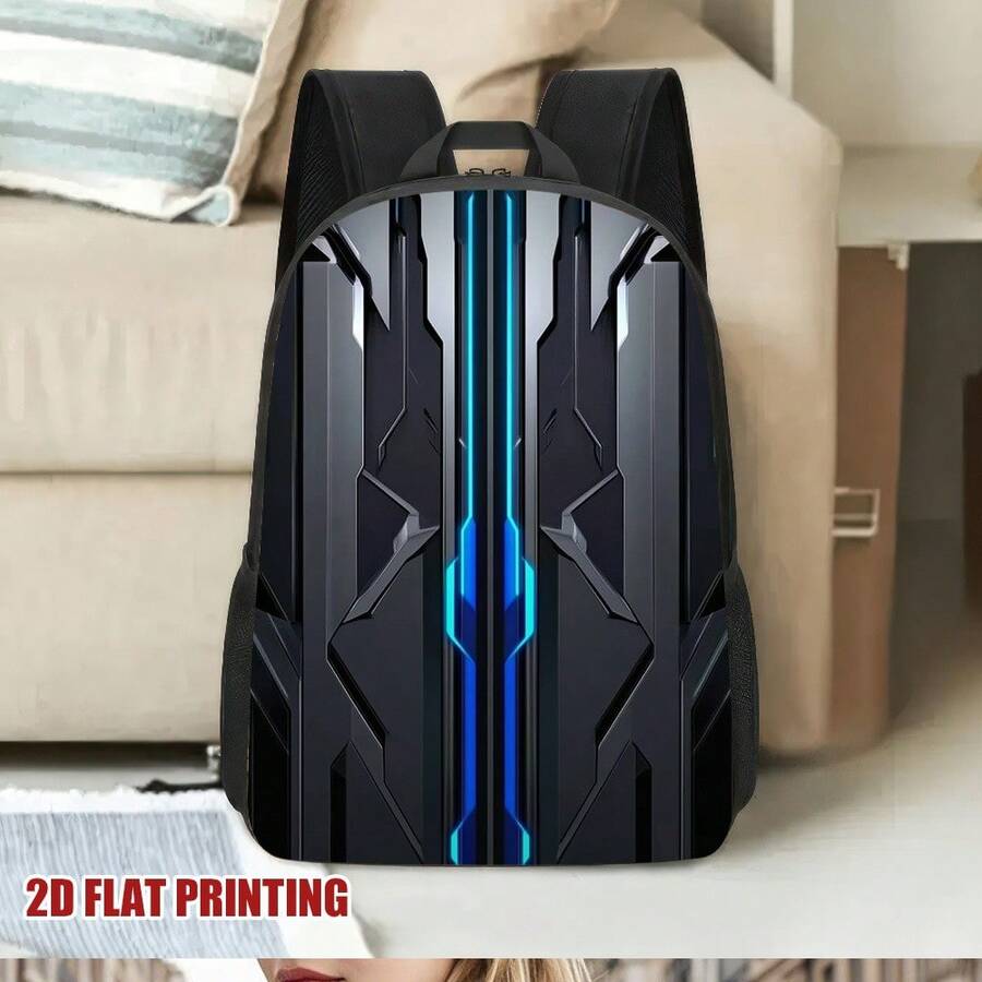 1 pieza Mochila inspirada en la tecnología futurista - Correa ajustable ligera, diseño de impresión plana 2D, cierre con cremallera y poliéster lavable a mano para el viaje y el uso diario, mochila para viajes, acabado de textura elegante, plano 2D - negro - Ver 1
