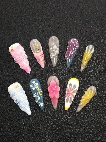 10-Piece Pure Handmade Wearing Nail Press Nail 33mm Thin High Heel Long Nail Three-Dimensional Modeling Glue Carving Craft Pink French Edge Dyeing Technology Multi-Color Matching Decoration Cute Fashion Versatile Suitable For Women To Wear. There Are Three Sizes To Choose From A Variety Of Occasions Party Dance And Daily Wear Nails Handmade Press On Nails
