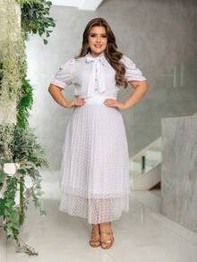 Women's Evangelical Fashion Blouse And Pleated Tulle Skirt Set - 白色的 - 查看 4