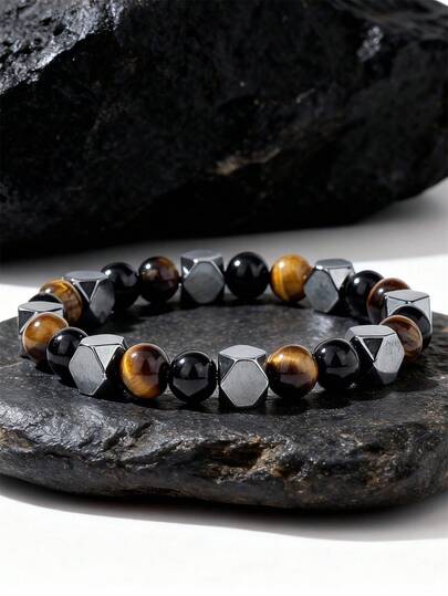 三重防护平衡能量水晶手链，男女皆宜，包含虎眼石、赤铁矿、黑曜石等天然宝石，双层编织串珠手镯，适合作为礼物送给男友、兄弟、祖父母等。