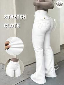 GILIPUR Women's Y2K High Waist Flare White Jeans, Bow Embroidered Pockets, Fashionable Streetwear Elegant Casual Pants, Slim Fit Stretchy Denim - White - View 2