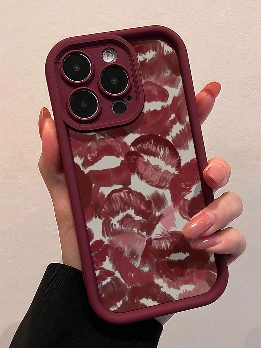 1pc Burgundy Red Lips Graphic Full Coverage TPU Shockproof Phone Case, Compatible With IPhone 16, 15, 14, 13, 12, 11 Pro Max, Series,International Version, Not The Domestic Version - Multicolor - View 1