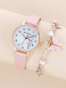 1pc Kids Cartoon Rabbit Print Dial Round Pointer Quartz Watch & 1pc Bracelet - Pink - View 5