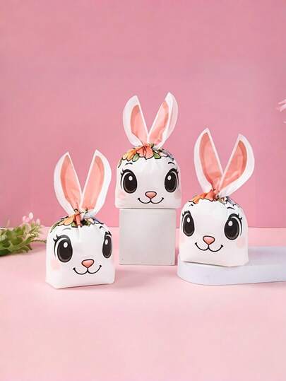 50pcs Rabbit Ear Floral Theme Plastic Gift Bags, Suitable For Easter, Birthday, Wedding Party, Candy, Cookies, Food Packaging, Spring Home Decor Gift Bags