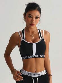 女士时尚纯色黑白可拆卸衬垫运动针织文胸 - 黑與白 - 查看 5