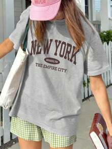 Camiseta Casual Holgada con Estampado de Letras para Mujer, Moda Casual Diaria Versátil.Camiseta con estampado, Vacaciones - Gris - Ver 7