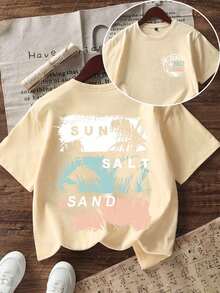 Camiseta de cuello redondo de manga corta con estampado gráfico informal para niño preadolescente, top de verano - Albaricoque - Ver 4