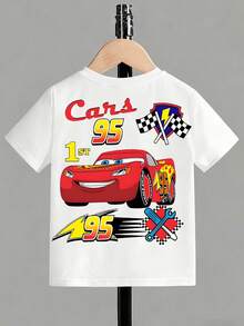 Disney Cars Lightning McQueen Front & Back Print Kids T-Shirt, Cool No.95 Racing Car Themed Short-Sleeve Top For Boys - trắng - Xem 2
