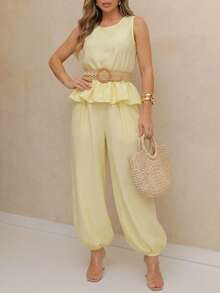 女士无袖泡泡袖上衣和灯笼裤两件套，时尚宽松版型，适合日常休闲和度假穿着，春夏款 - 淡黃色 - 查看 7