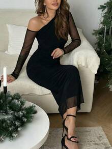 SUNSTORY 不对称领口长袖褶皱网纱连衣裙，展现女性魅力，优雅迷人，适合年轻女士，时尚性感，浪漫妩媚，是下午茶、早午餐等场合的理想之选，黑色中长款连衣裙 - 黑色 - 查看 9