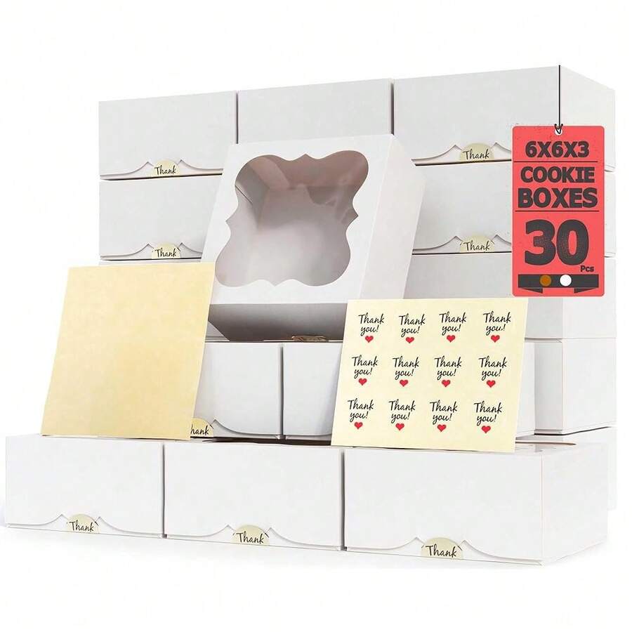 30 Pack 6x6x3 Bakery Boxes With Window – Small Cookie Boxes For Gift Giving – Treat Boxes For Small Cake, Pastry, Strawberries, Dessert, Candy, Charcuterie, Baked Goods And Food (White) - 白色 - 查看 1
