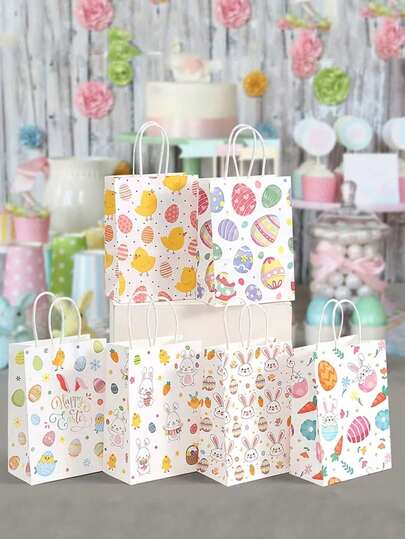 6个复活节纸质礼品袋，可爱兔子手提袋，牛皮纸袋，印有卡通兔子、小鸡、复活节彩蛋和胡萝卜图案。这些礼品包装袋和购物袋适合复活节、生日和春季派对礼物。