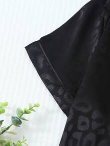 [Elegant Fields]2pcs Satin Pajama Set, Silver White Leopard Print Short Sleeve Collared Top And Bow Shorts, Women Sleepwear Loungewear - Black - View 6